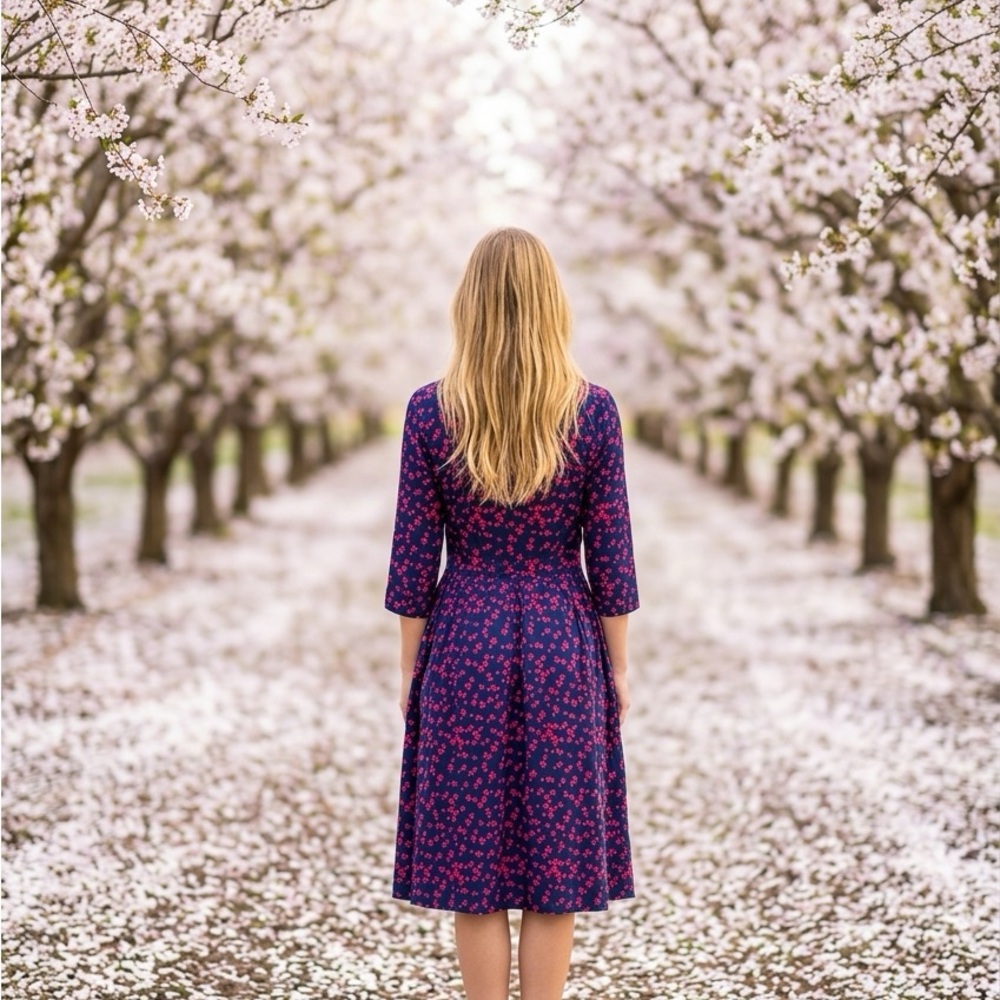 Chic Floral Midi Dress in Navy and Pink - Picture 2 of 5